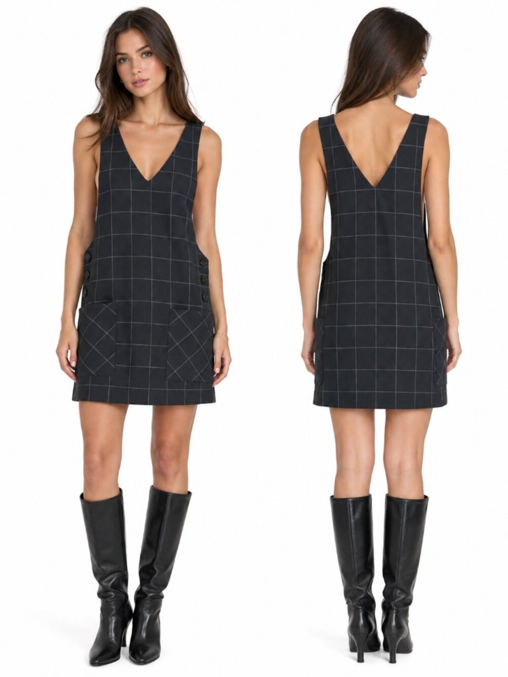 MNG Mango Casual Women’s Black Windowpane Plaid Pinafore Mini Dress XS